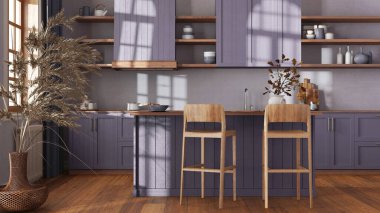 Ahşap mutfak mor renkte ve bej renginde, ada ve tabureli. Parke zemin, raflar ve dolaplar. Çiftlik evi boho iç tasarımı