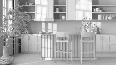 Tamamen beyaz proje taslağı, adalı ahşap mutfak ve tabureler. Parke zemin, raflar ve dolaplar. Çiftlik evi boho iç tasarımı