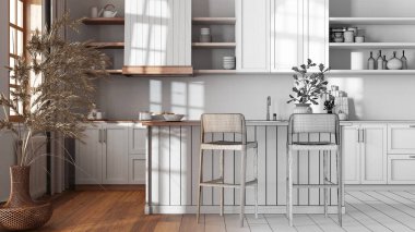 Mimari iç mimar konsepti: elle çizilmiş tamamlanmamış proje, ada ve tabureli ahşap mutfak. Çiftlik evi tarzı.