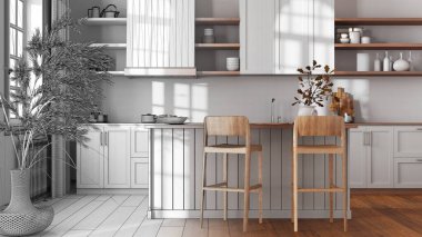 Mimari iç mimar konsepti: elle çizilmiş tamamlanmamış proje, ada ve tabureli ahşap mutfak. Çiftlik evi tarzı.