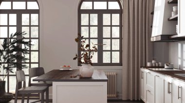 Bohem ahşap mutfak, koyu renk ve bej renkte ada ve tabureler. Parke zemin, raflar ve dolaplar. Çiftlik evinin eski iç tasarımı