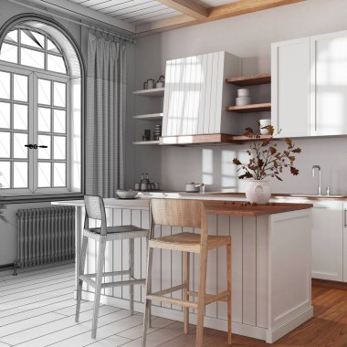 Mimari iç mimar konsepti: elle çizilmiş tamamlanmamış proje, adalı ve tabureli Japon ahşap mutfağı. Çiftlik evi İskandinav tarzı