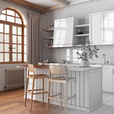 Mimari iç mimar konsepti: elle çizilmiş tamamlanmamış proje, adalı ve tabureli Japon ahşap mutfağı. Çiftlik evi İskandinav tarzı