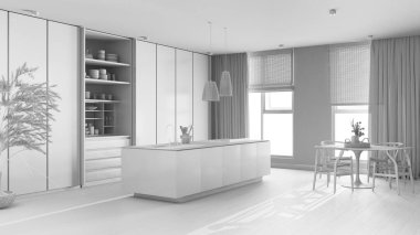 Tamamen beyaz proje taslağı, minimalist Japon mutfağı. Ada ve sandalyeli yemek masası, parke zemin. Lüks iç tasarım