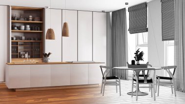 Mimar iç mimar konsepti: elle çizilmiş tamamlanmamış proje gerçek, modern Japonya mutfağı ve yemek odası haline geliyor. Ada ve masa. Minimalist iç tasarım