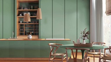 Japandi ahşap yemek odası ve yeşil tonlarda mutfak. Ada ve sandalyeli masa, parke zemin. Minimalist iç tasarım