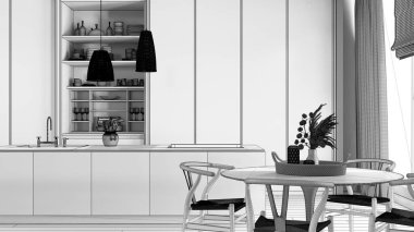 Tamamlanmamış proje taslağı, Japonya ahşap yemek odası ve mutfak. Ada ve sandalyeli masa, parke zemin. Minimalist iç tasarım