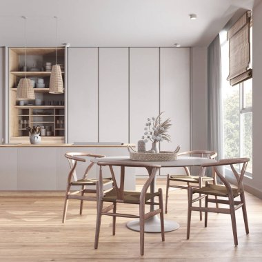 Minimalist çağdaş beyazlatılmış ahşap yemek odası ve beyaz tonlarda mutfak. Ada ve sandalyeli masa, parke zemin. Modern iç tasarım