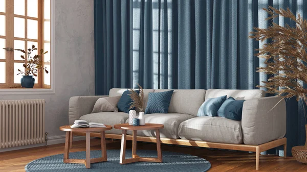 Klassisches Wohnzimmer Mit Vorhängen Stoffsofa Und Rattanteppich Weiß Und Blautönen — Stockfoto