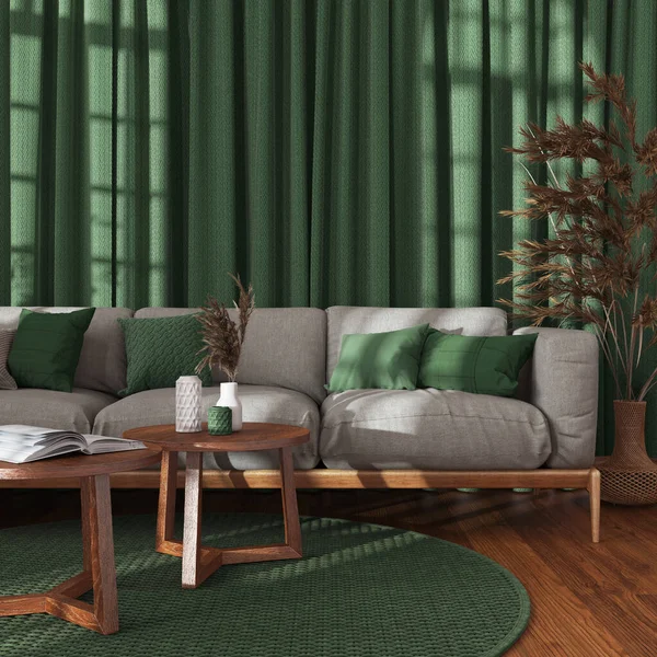 Japandi Living Room Wooden Green Tones Close Fabric Sofa Rattan — Stock Photo, Image