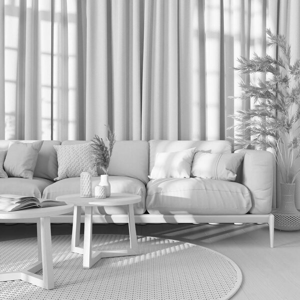 Total white project draft, japandi living room close-up. Fabric sofa, rattan capet and curtains. Parquet floor, farmhouse interior design