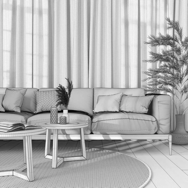 蓝图未完成的项目草稿 日本客厅特写 面料沙发 藤壶和窗帘 农舍室内设计 宴会厅 — 图库照片