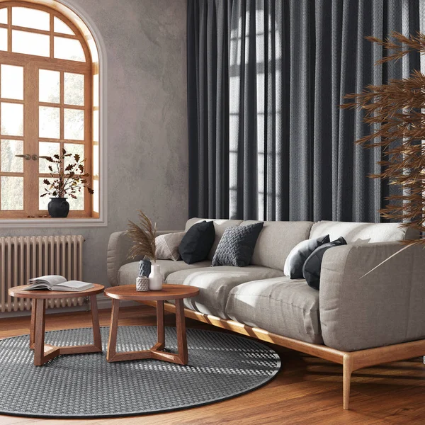 Retro living room with curtains, fabric sofa and rattan carpet in gray and beige tones. Parquet floor and arched window. Farmhouse interior design