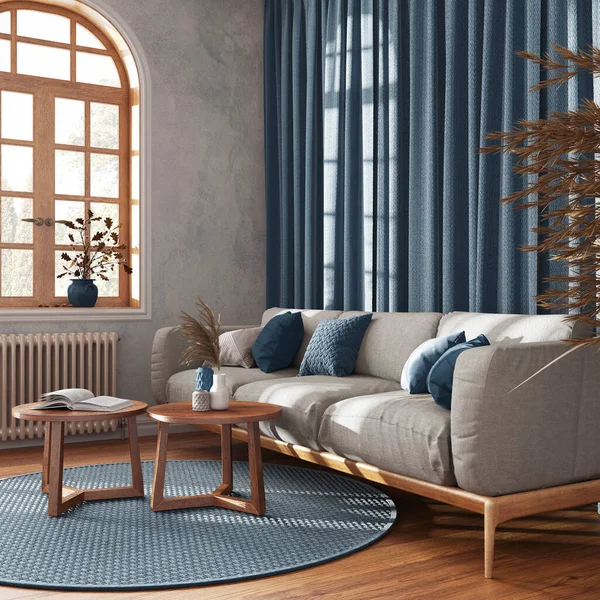 Retro Wohnzimmer Mit Vorhängen Stoffsofa Und Rattanteppich Blau Und Beigetönen — Stockfoto
