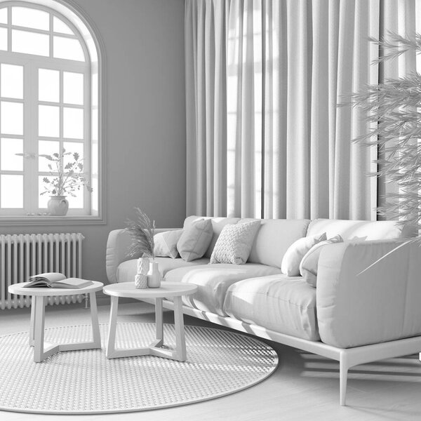 Total white project draft, retro living room with curtains, fabric sofa and rattan carpet. Parquet floor and arched window. Farmhouse interior design