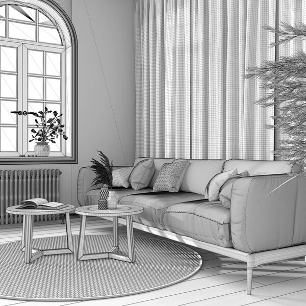 Blueprint unfinished project draft, retro living room with curtains, fabric sofa and rattan carpet. Parquet floor and arched window. Farmhouse interior design