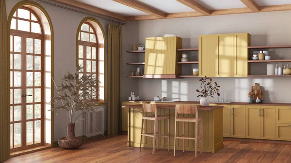 Rustikální Dřevěná Kuchyň Žlutých Béžových Tónech Ostrůvkem Stoličkami Parkety Police — Stock fotografie