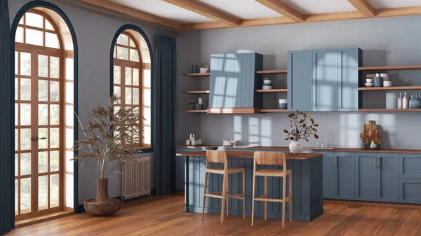Rustikale Holzküche Blau Und Beigetönen Mit Insel Und Hockern Parkett — Stockfoto