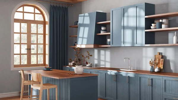 Farmhouse wooden kitchen in blue and beige tones with island and stools. Parquet, shelves and cabinets. Bohemian interior design