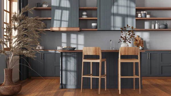 stock image Wooden kitchen in gray and beige tones with island and stools. Parquet floor, shelves and cabinets. Farmhouse boho interior design