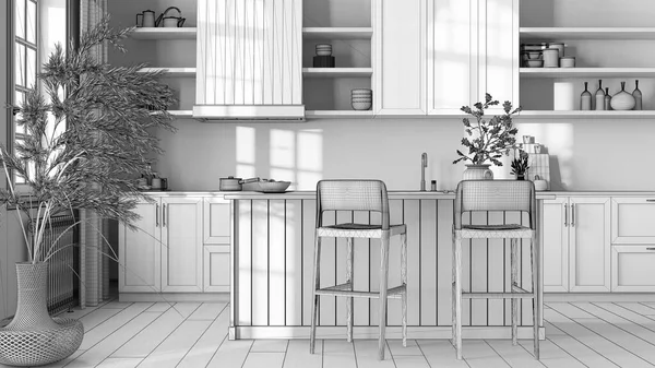 蓝图未完成的项目草稿 木制厨房与岛屿和凳子 架子和橱柜 农舍Boho室内设计 — 图库照片
