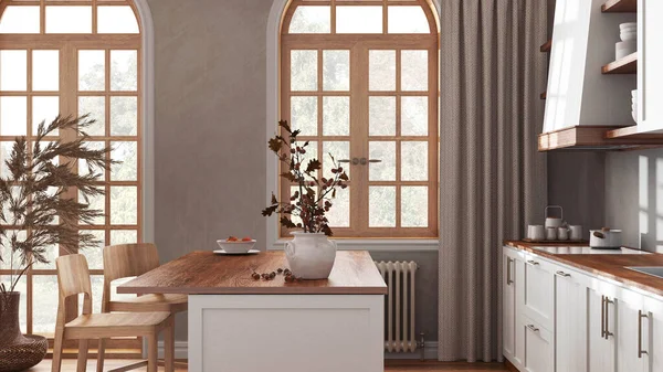 Böhmische Holzküche Weiß Und Beigetönen Mit Insel Und Hockern Parkettboden — Stockfoto