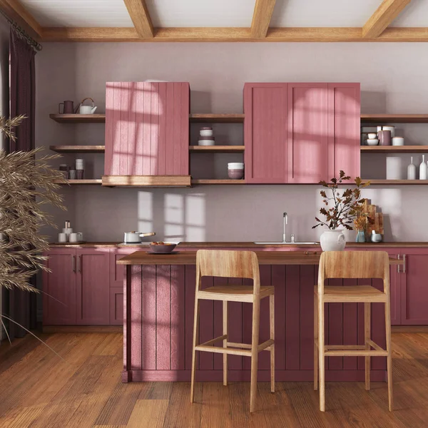 Farmhouse Vintage Wooden Kitchen Red Beige Tones Island Stools Parquet — Stock Photo, Image