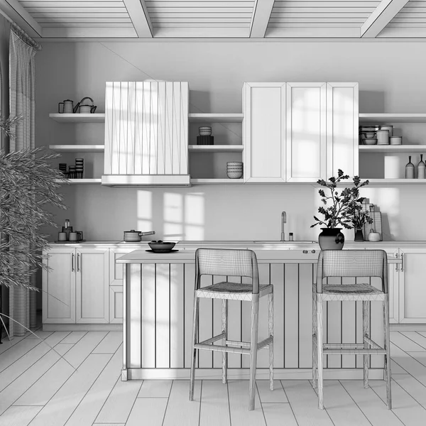 Blaupause Unvollendeter Projektskizze Bauernhaus Vintage Holzküche Mit Insel Und Stühlen — Stockfoto