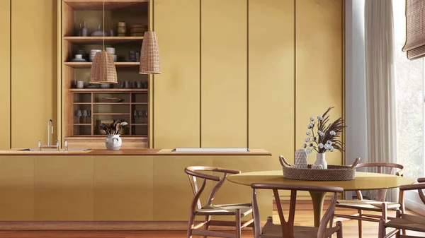 Japandi Houten Eetkamer Keuken Gele Tinten Eiland Tafel Met Stoelen — Stockfoto