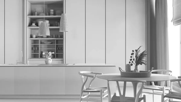 Общий Белый Проект Проекта Джапанди Деревянная Столовая Кухня Остров Стол — стоковое фото