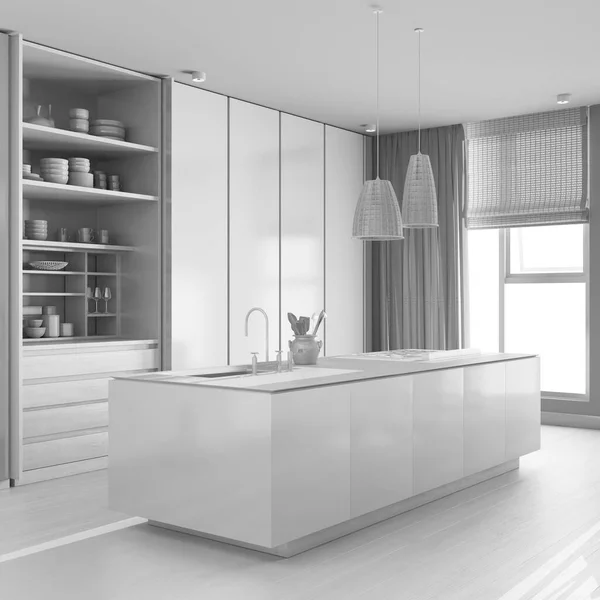 Totale Witte Project Ontwerp Minimalistische Eigentijdse Houten Keuken Met Eiland — Stockfoto