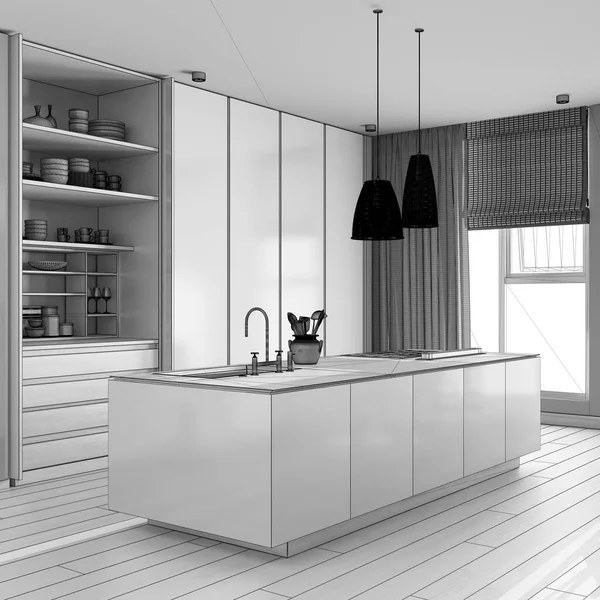 蓝图未完成的项目草稿 简约的当代木制厨房与岛屿 带窗帘的地板和全景窗户 现代室内设计 — 图库照片