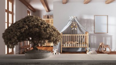 Vintage wooden table shelf with potted bloom bonsai, beige leaves, flowers, over scandinavian nursery, children bedroom, architecture concept