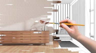 Blueprint project draft, sketch of modern japandi living room, hand painting interior details, design concept idea, parquet floor, chest of drawers, custom furniture