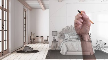 Hand drawing custom boho room, children bedroom with single bed with duvet and pillows, carpet, window and decors. Tailored unfinished project architecture interior design
