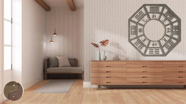 Interior design project with feng shui consultancy, Japandi wooden living room with chest of drawersl, with bagua and tao symbol, yin and yang polarity, monogram concept background