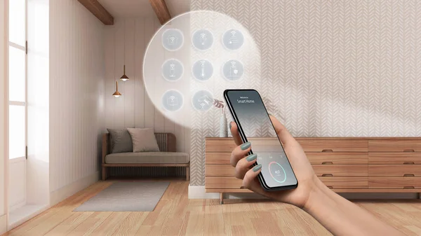 Smart home technology interface on phone app, augmented reality, internet of things, interior design of japandi living room with connected objects, woman hand holding remote control
