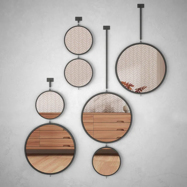 Mirrors Hanging Wall Reflecting Interior Design Scene Wooden Japandi Living — 스톡 사진
