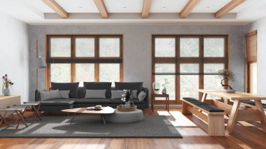 Minimalist living and dining room in white and gray tones. Fabric sofa and wooden dining table with benches. Japandi interior design