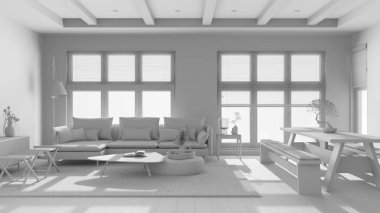 Total white project draft, minimalist living and dining room. Fabric sofa and wooden dining table with benches. Japandi interior design