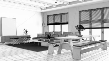 Blueprint unfinished project draft, japandi living and dining room. Fabric sofa and wooden dining table with benches. Minimalist modern interior design