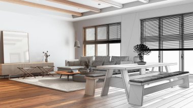 Architect interior designer concept: hand-drawn draft unfinished project that becomes real, japandi living and dining room. Minimalist modern interior design