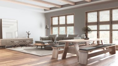 Japandi living and dining room in white and bleached tones. Fabric sofa and wooden dining table with benches. Minimalist modern interior design