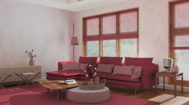 Modern living room in white and red tones. Fabric sofa, wooden furniture and parquet floor. Japandi interior design