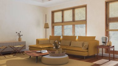 Modern living room in white and yellow tones. Fabric sofa, wooden furniture and parquet floor. Japandi interior design