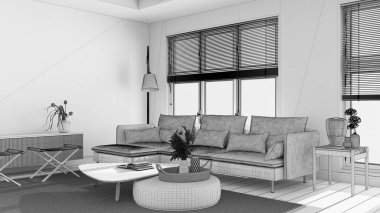 Blueprint unfinished project draft, modern living room. Fabric sofa, wooden furniture and parquet floor. Japandi interior design
