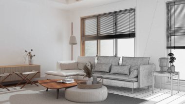 Architect interior designer concept: hand-drawn draft unfinished project that becomes real, modern living room. Fabric sofa and wooden furniture. Japandi style