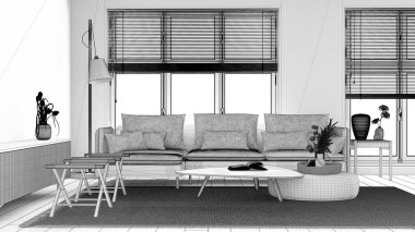 Blueprint unfinished project draft, japandi minimalist living room. Fabric sofa, wooden furniture and parquet floor. Modern interior design