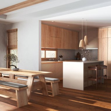 Japandi living, dining room and kitchen in white and beige tones. Fabric sofa, dining table with benches and island. Modern interior design
