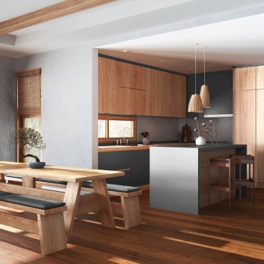 Japandi living, dining room and kitchen in white and gray tones. Fabric sofa, dining table with benches and island. Modern interior design